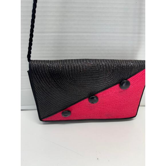 Vintage retro 80s red and black wicker straw shoulder bag - Picture 3 of 8